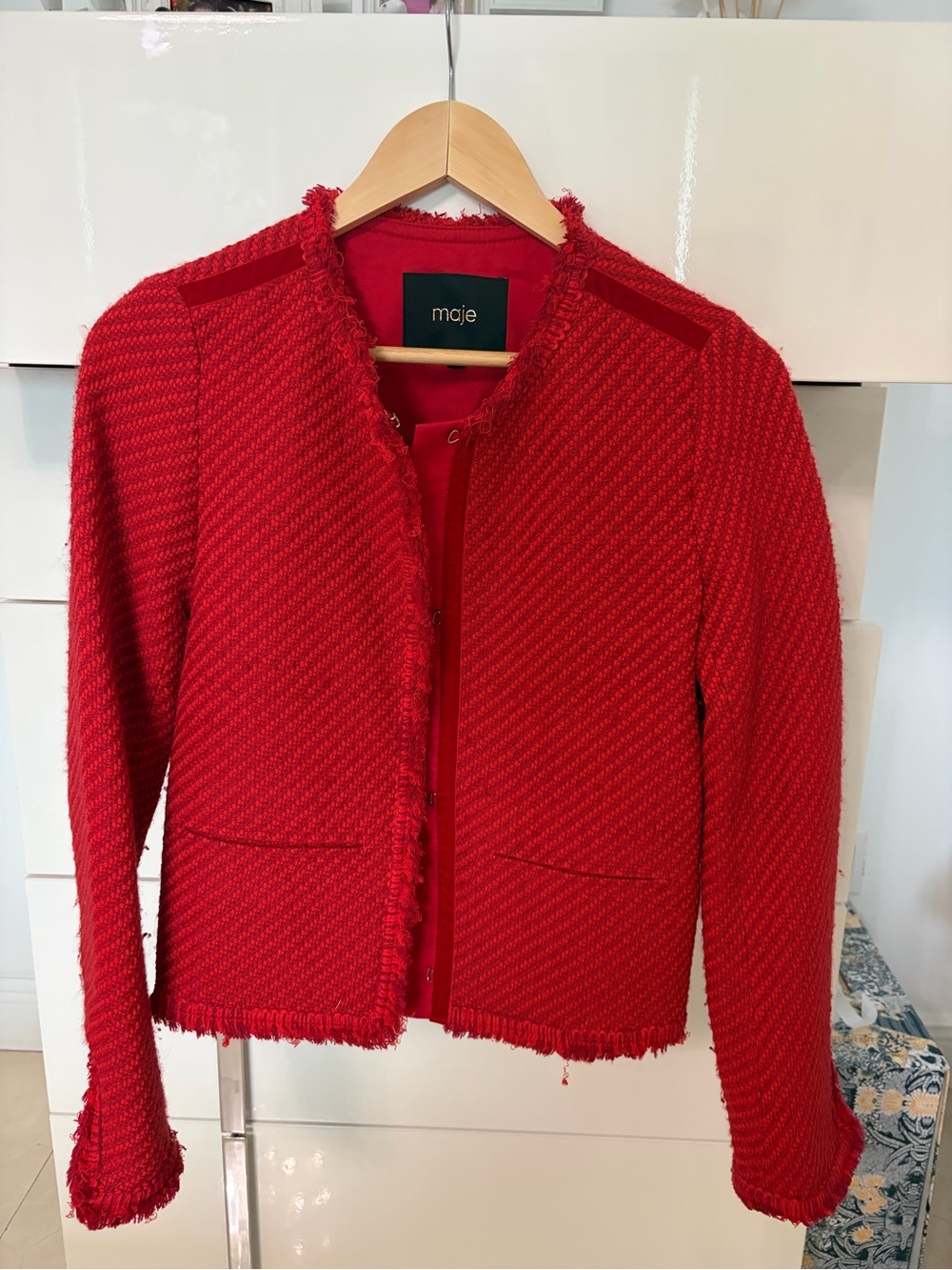 Maje Red Textured Fringe Collarless Blazer